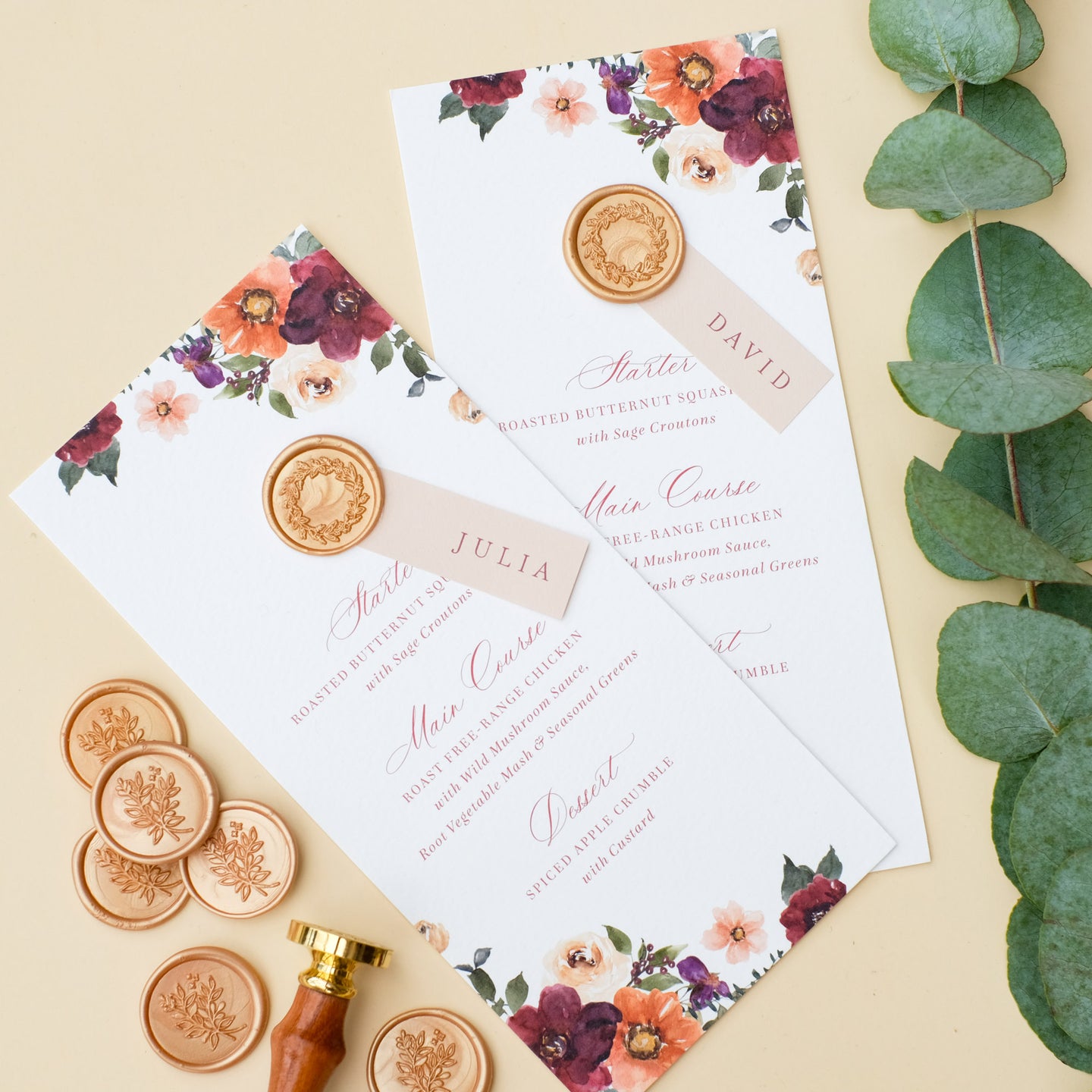 wedding menu keepsake with guest name and autumn florals